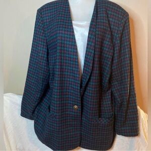 Vintage Wool Purple Green Houndstooth Blazer Alfred Dunner Size 24w